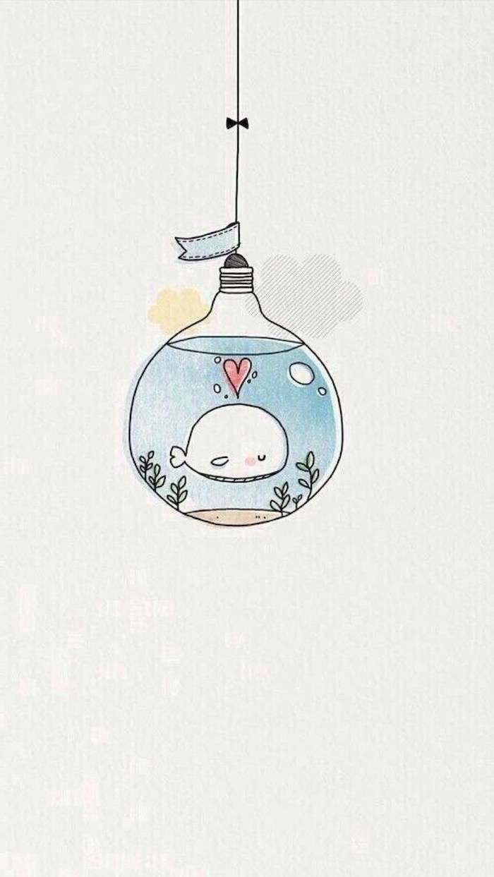light bulb aquarium, white whale inside with red heart, easy animals to draw, colored drawing, white background