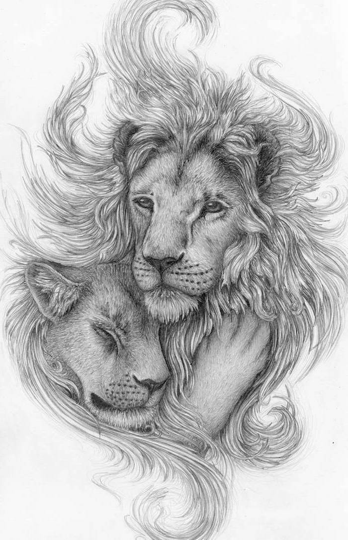 black and white pencil sketch, lion hand tattoo, lion with long mane hugging a lioness, white background