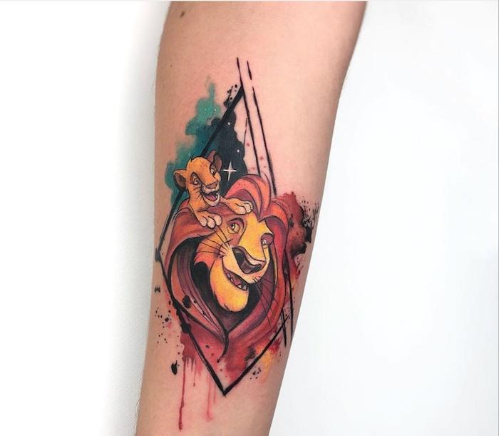 lion king inspired tattoo, simba and mufasa, forearm watercolor tattoo, lion tattoo meaning