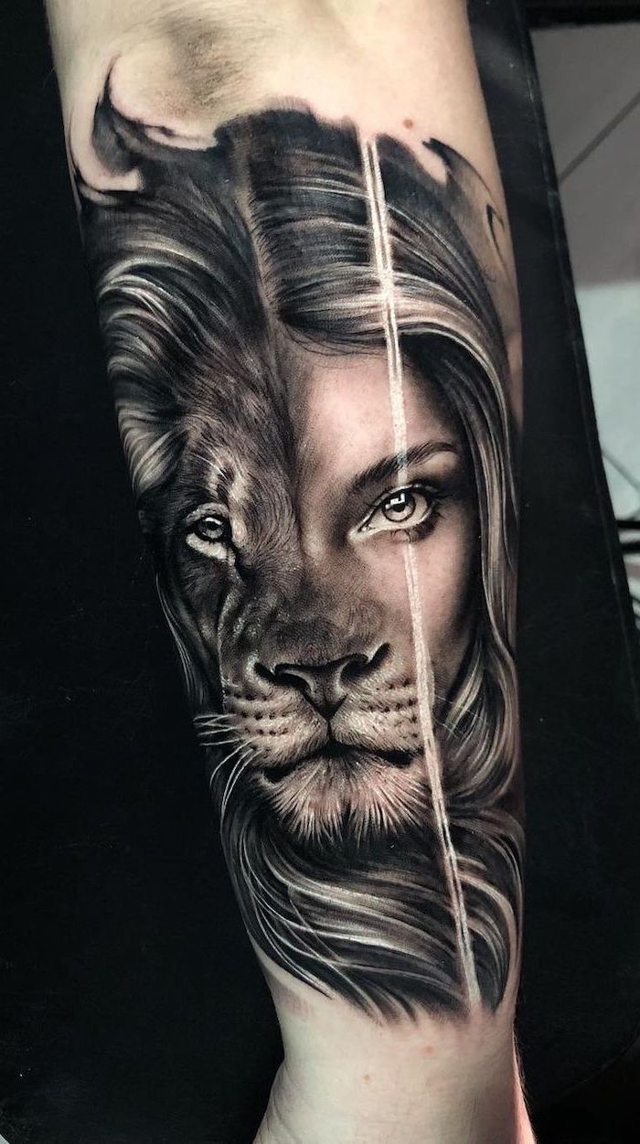back of arm tattoo, half lion head, half female face, lion with crown tattoo, black background