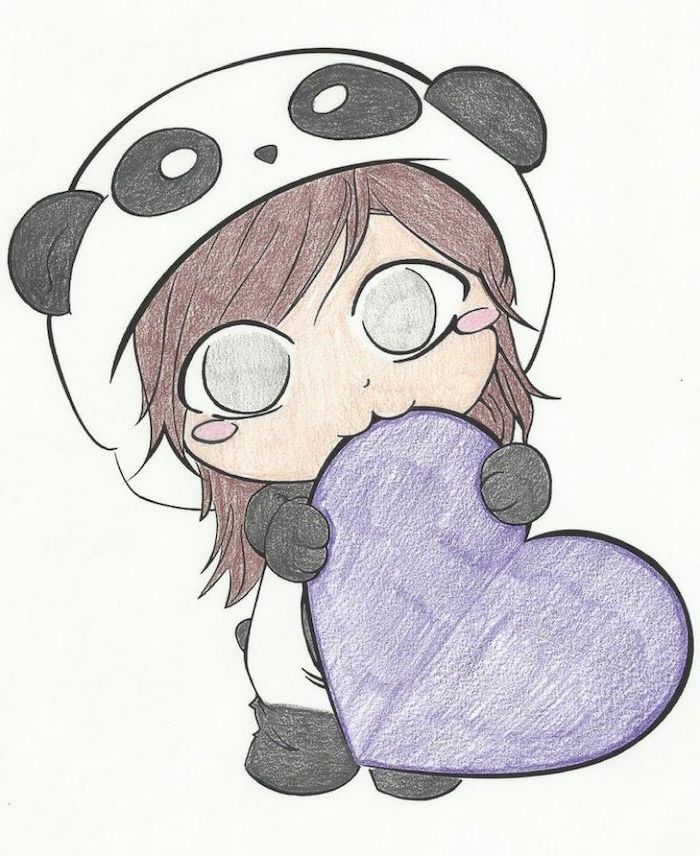 little girl, dressed in panda onesie, holding a purple heart, cute animal drawings, colored drawing on white background