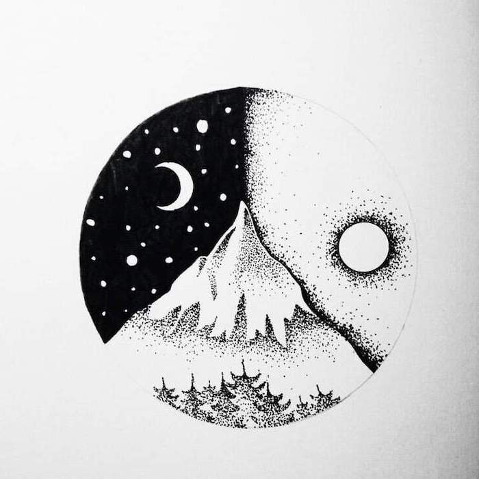 mountain landscape, how to draw cute things, mountain peak during the day and night, black and white sketch