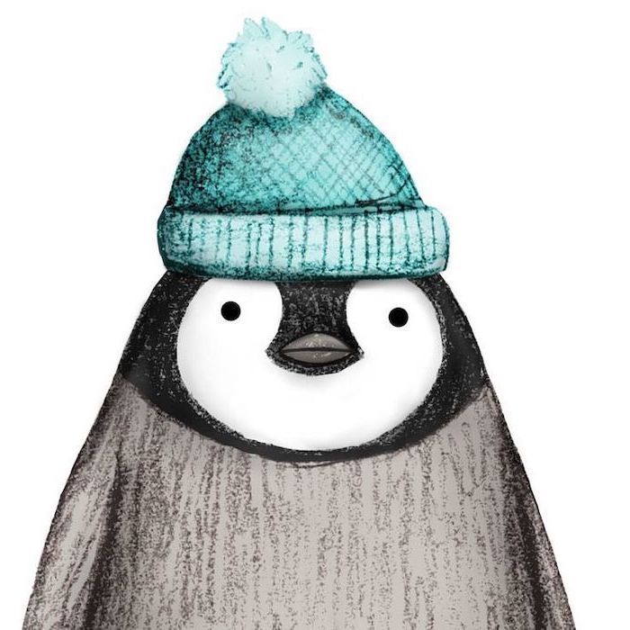 penguin with turquoise beanie, cute animal drawings, colored drawing, white background