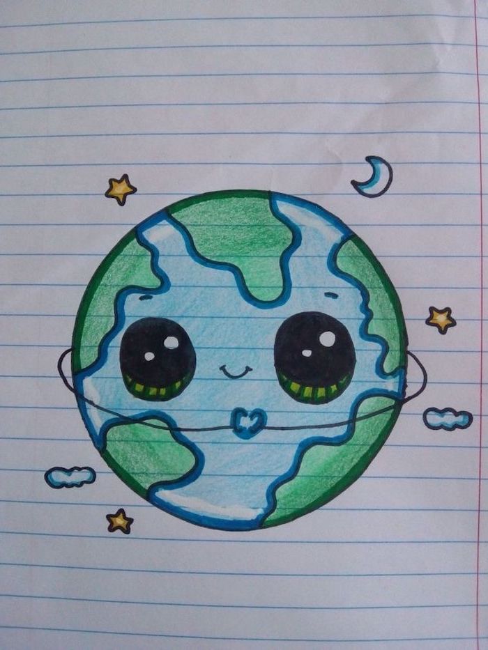 cute drawing ideas, planet earth cartoon with eyes, colored drawing on white background, stars and moon around it