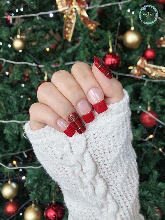 trending nail colors, french manicure with red nail polish, plaid decorations on thumb and ring finger