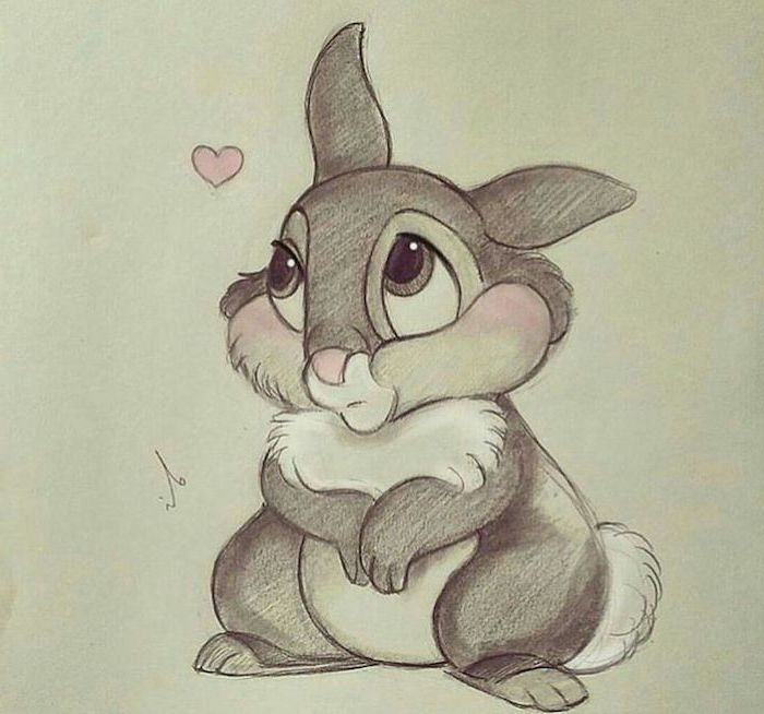 small bunny with rosy cheeks, pink heart in the corner, colored drawing, white background, cute drawing ideas