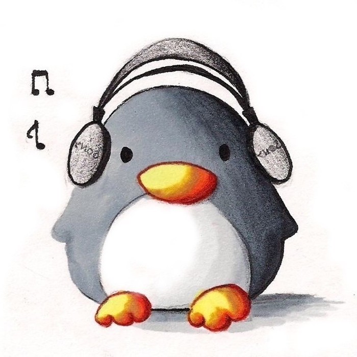 baby penguin with headphones on, listening to music, colored drawing on white background, what to draw when bored
