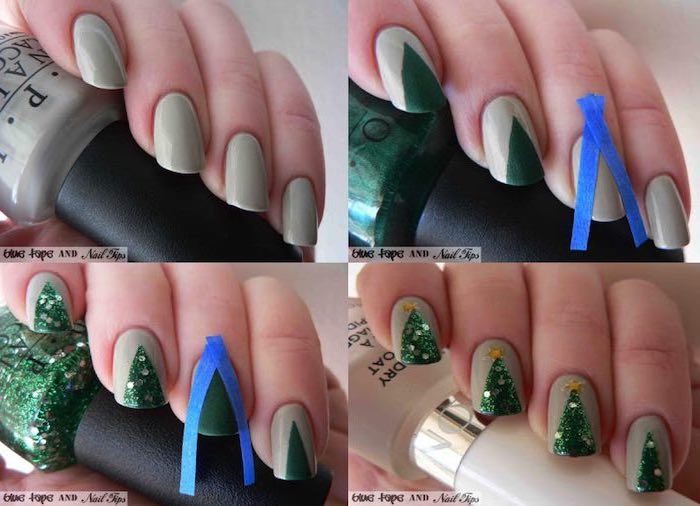 photo collage of step by step diy tutorial, winter nail ideas, green christmas tree decoration on each nail, grey nail polish
