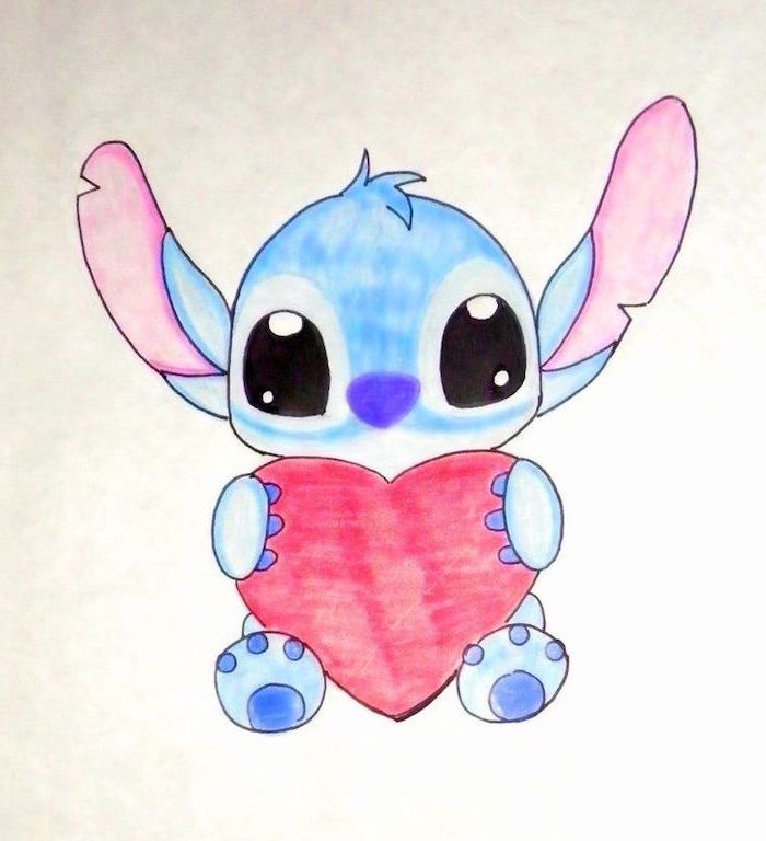 what to draw when bored, stitch from lilo and stitch, holding a red heart, watercolor drawing on white background