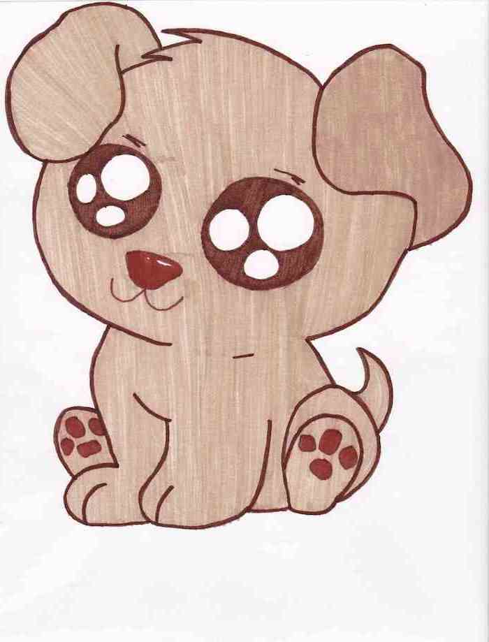 small puppy with large eyes, cute drawing ideas, colored drawing on white background