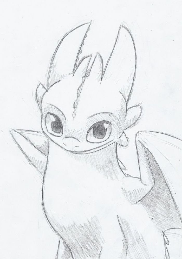 toothless from how to train your dragon, cute little drawings, black and white pencil sketch, white background