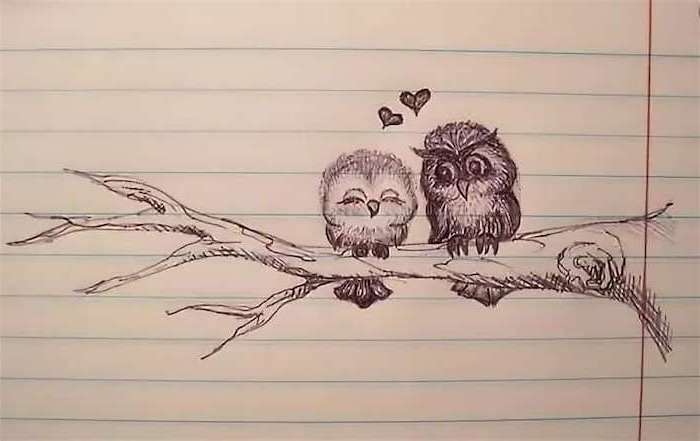 two owls sitting on a tree branch, two hearts above them, cute little drawings, drawing in a notebook
