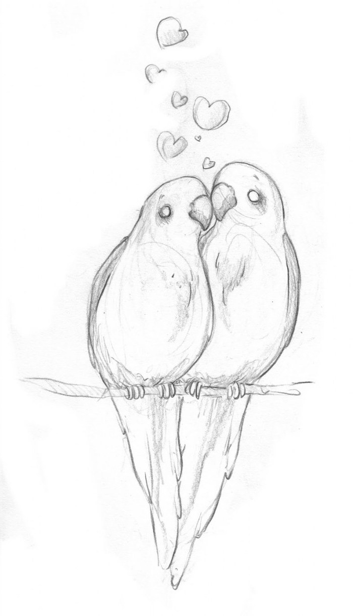 two parrots sitting on a tree branch, hearts above them, cute little drawings, black and white pencil sketch, white background