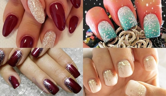 photo collage with different nails, winter nail ideas, differen colors and shapes of the nails