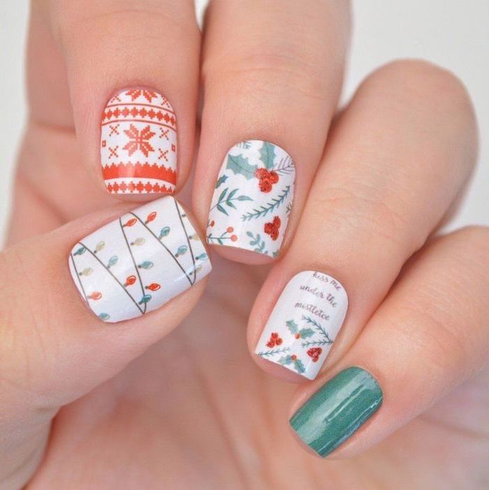 white red and green nail polish, short nails with different, christmas themed decorations on each nail, january nail colors