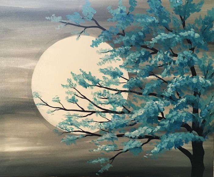tall tree with blue blossoms at the forefront, large moon in the background, cute easy paintings, grey skies