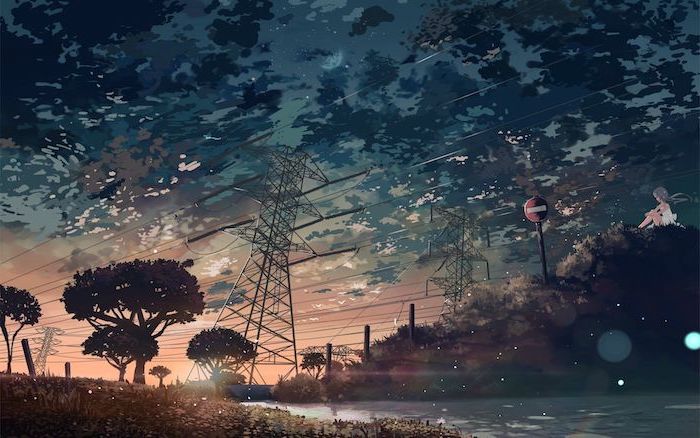 animated landscape, tall electric poles with electric cables, hanging from them over a river, pink aesthetic wallpaper