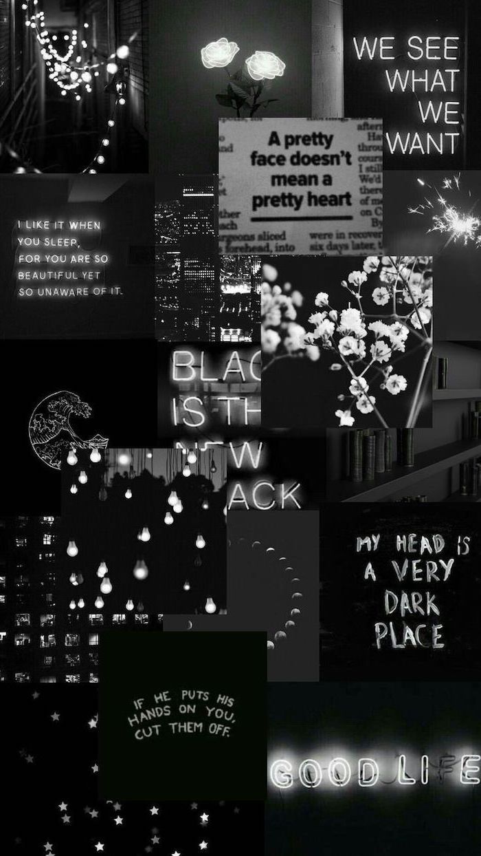 photo collage of pictures in black, different neon signs, different quotes and flowers, aesthetic iphone wallpaper
