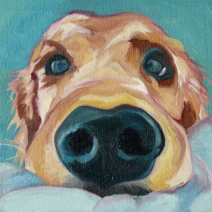 close up of a dog, leaning on white surface, canvas painting, turquoise background