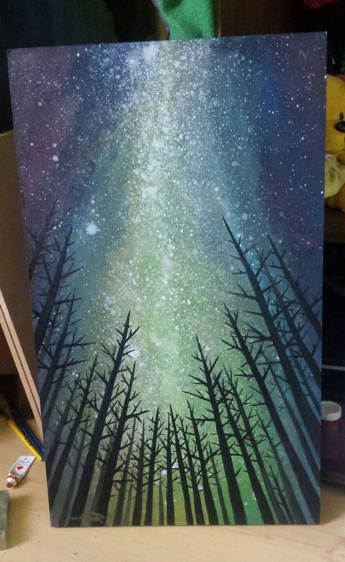 northern lights shining in the sky, covered with stars, acrylic flower painting, tall black trees with no leaves
