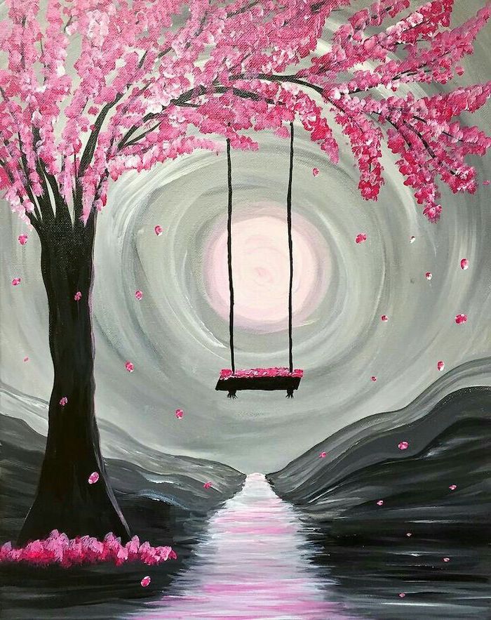 swing attached to a tree branch, tree with pink blossoms, canvas painting ideas, path covered with blossoms