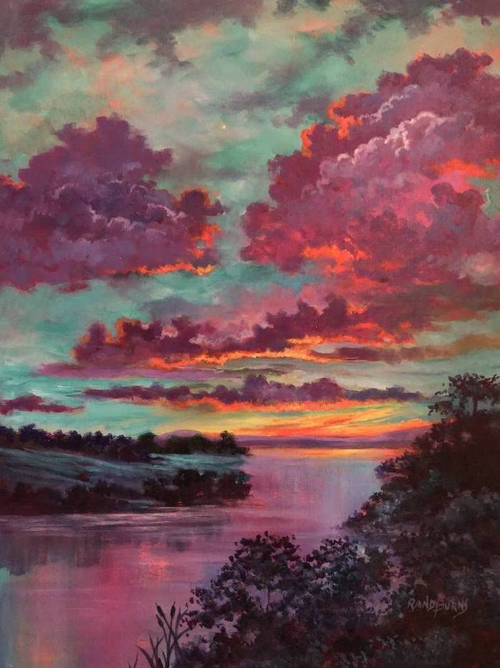 sunset sky over a river, cool easy paintings, dark trees and bushes along the river, purple and orange colors