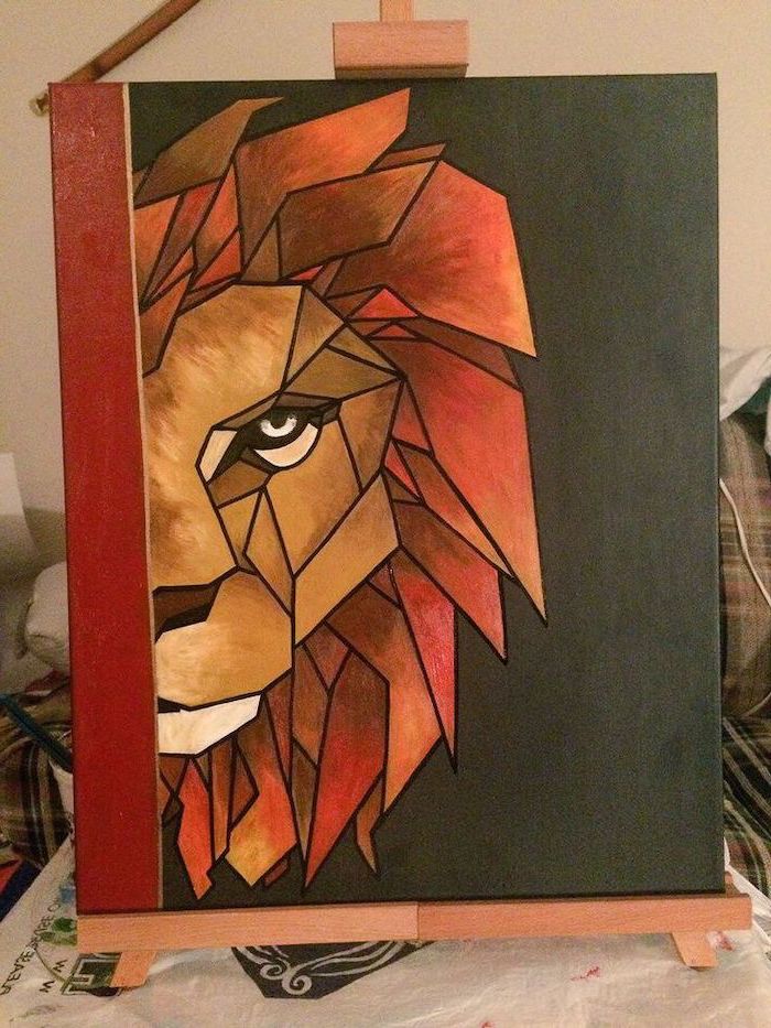 geometrical painting of a lion head, easy canvas painting ideas, painted on black background