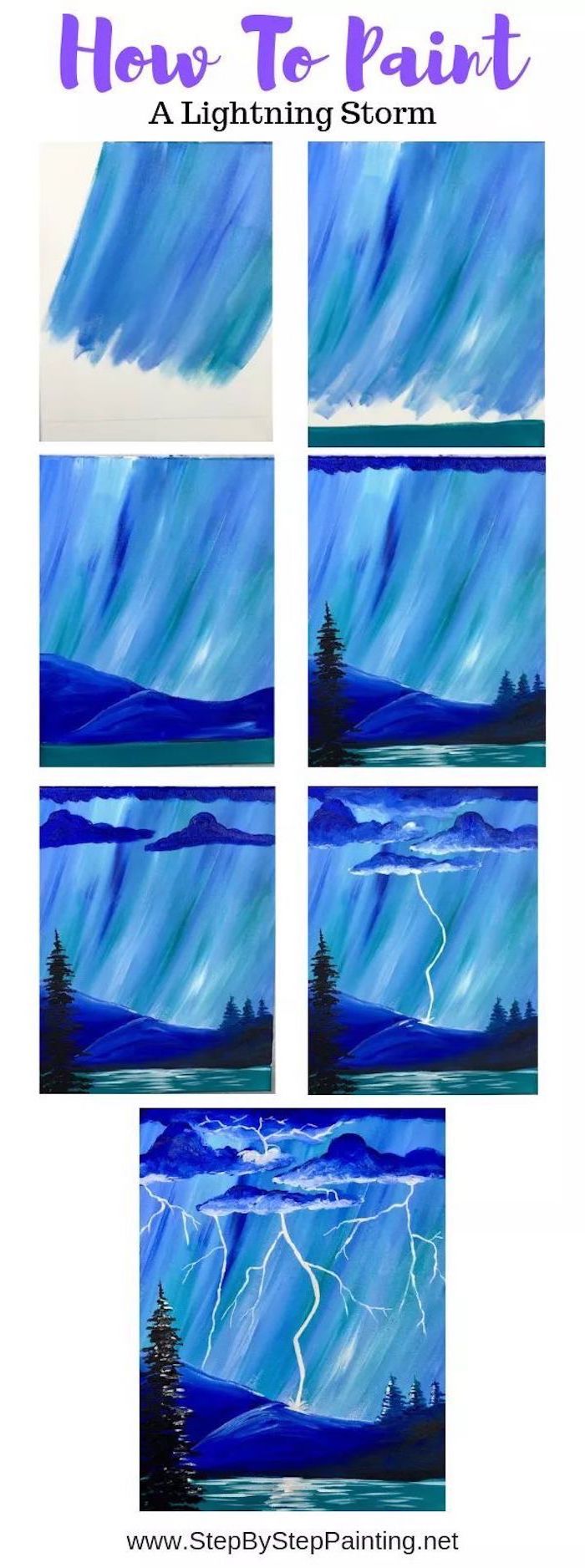 acrylic painting techniques, how to paint a lightning storm, photo collage of step by step diy tutorial