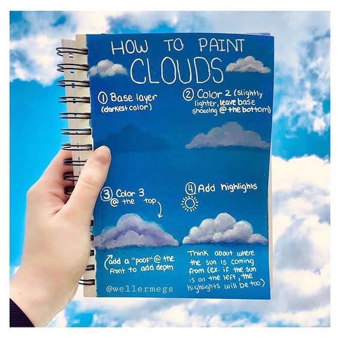 how to paint clouds, explained step by step on a notebook, easy acrylic painting ideas, sky with clouds in the background