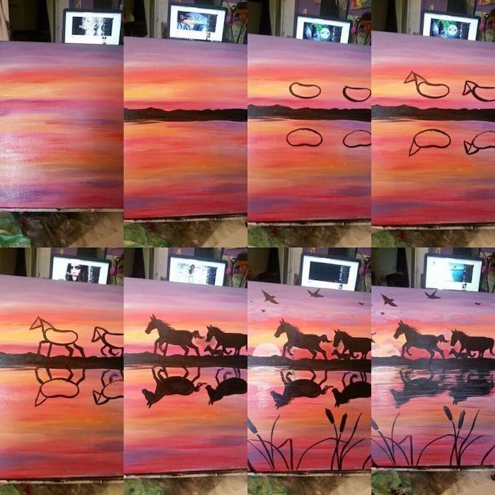 photo collage of step by step diy tutorial, abstract painting ideas, horses running along the sea, sunset sky with birds