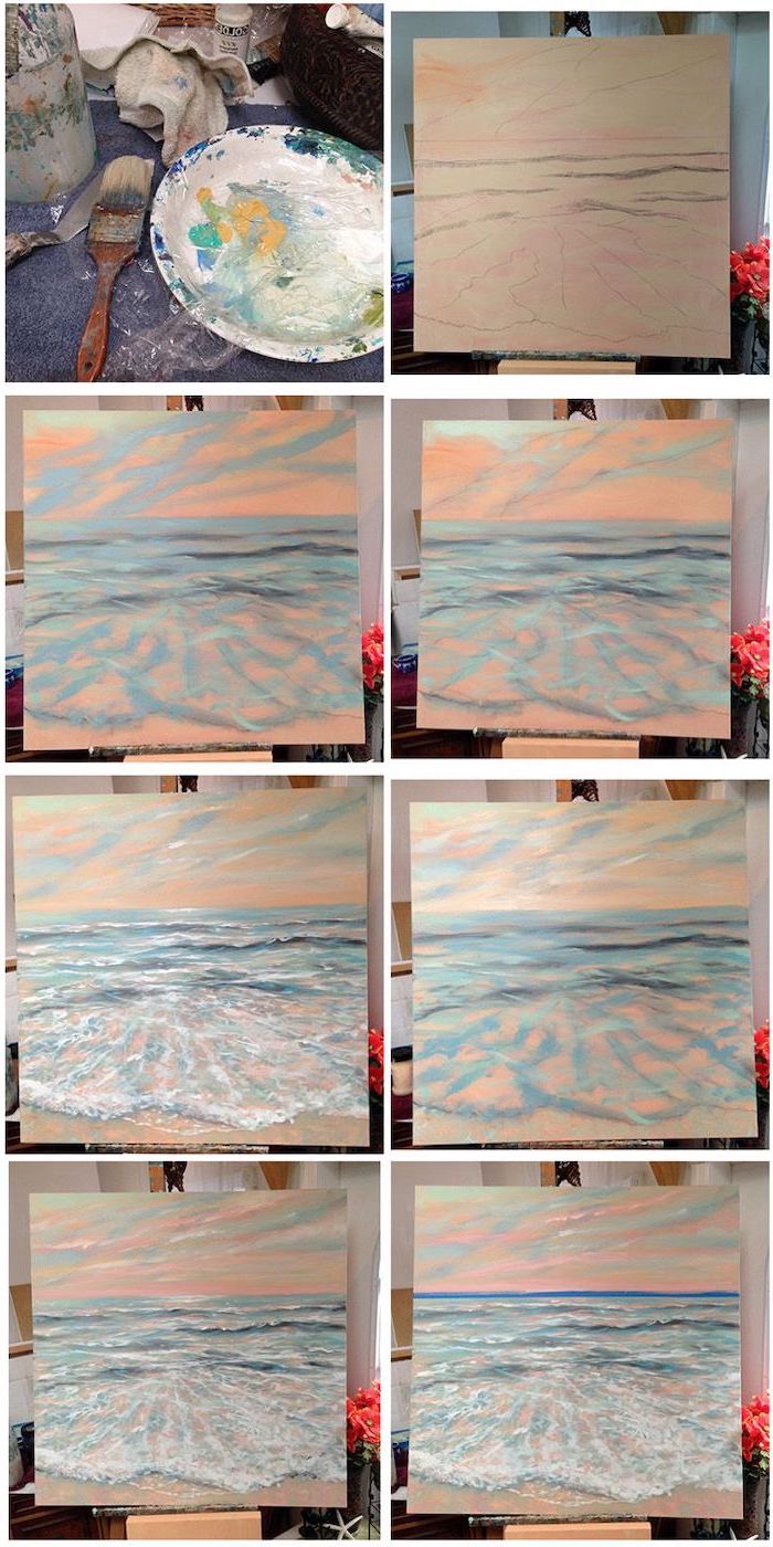 abstract painting ideas, photo collage of step by step diy tutorial, realistic painting ocean waves, crashing into the beach