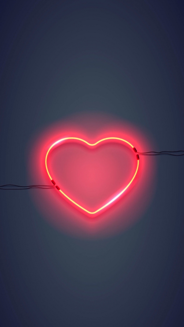 red heart shaped neon light, hanged on grey wall, pink aesthetic background, dark grey background