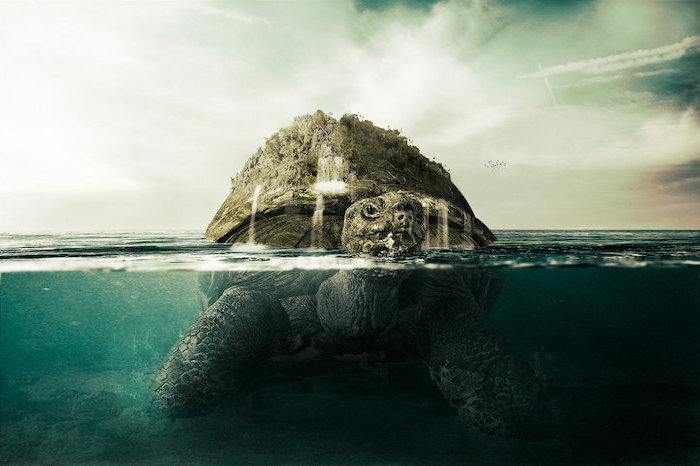 large sea tortoise, walking on the bottom of ocean, half of it above water, vintage aesthetic wallpaper