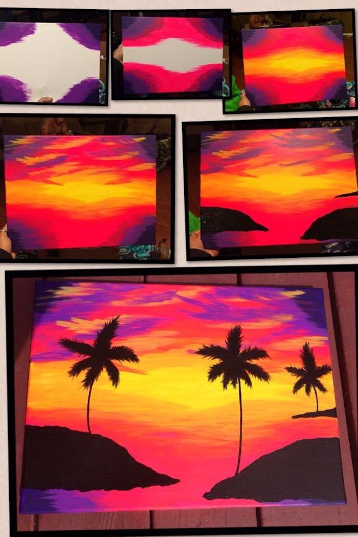 easy things to paint on a canvas, photo collage of step by step diy tutorial, palm trees on the sunset sky