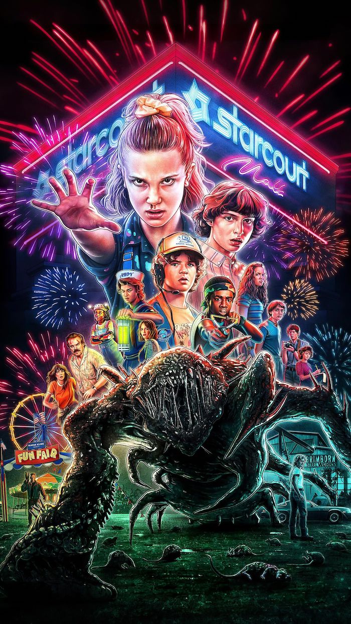cartoon image of all of the characters in neon colors, stranger things wallpaper, starcourt mall in the background