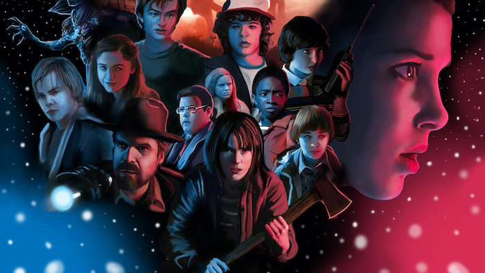 stranger things desktop wallpaper, cartoon image of all the characters, blue and red background