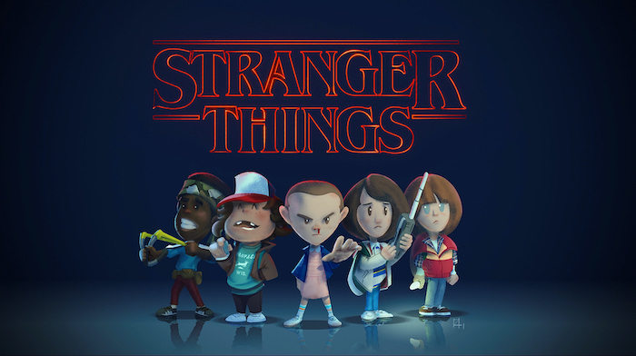 cartoon image of lucas and dustin, eleven mike and will, stranger things desktop wallpaper, title logo written in red
