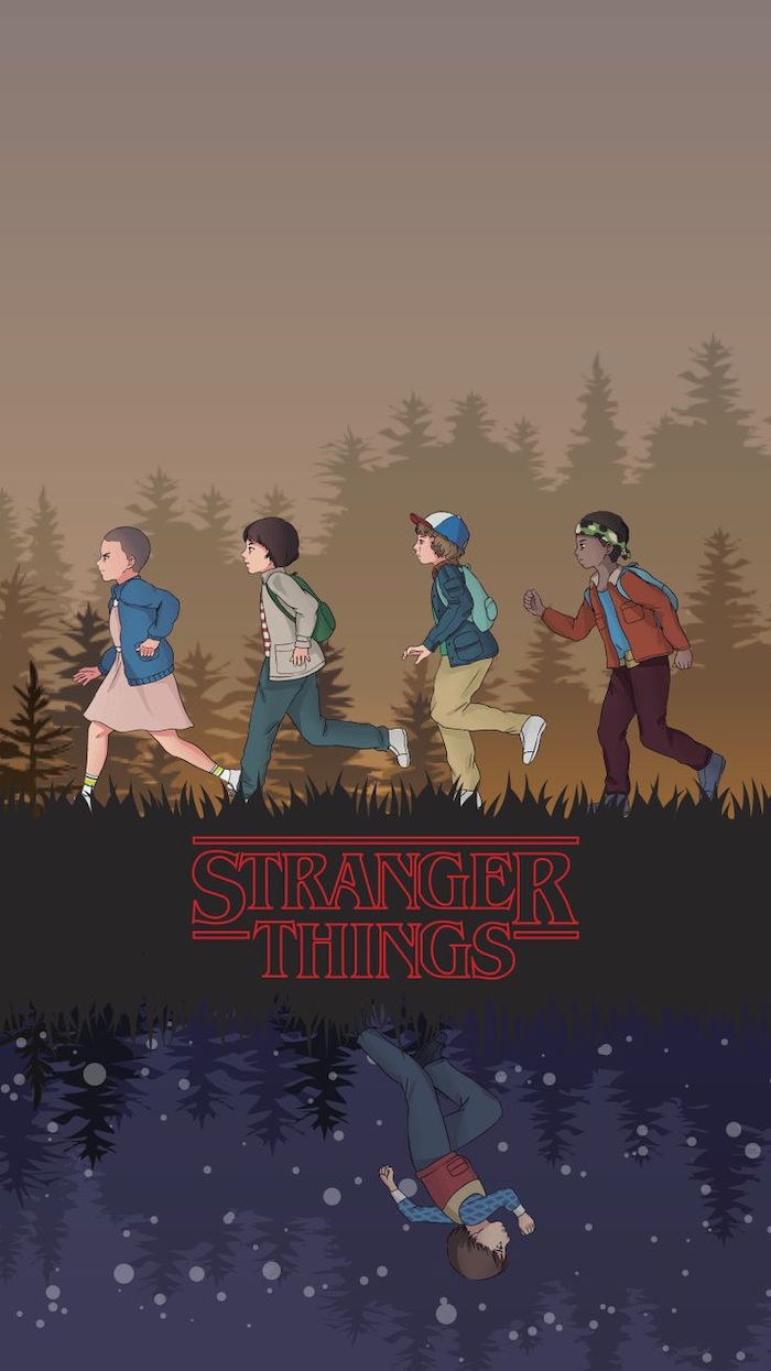 cartoon image of eleven and mike, dustin and lucas running, stranger things 3 wallpaper, will in the upside down