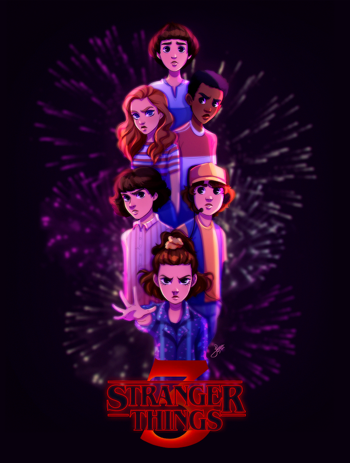 cartoon image of eleven and mike, will and dustin, lucas and mike, stranger things wallpaper season 3, black background