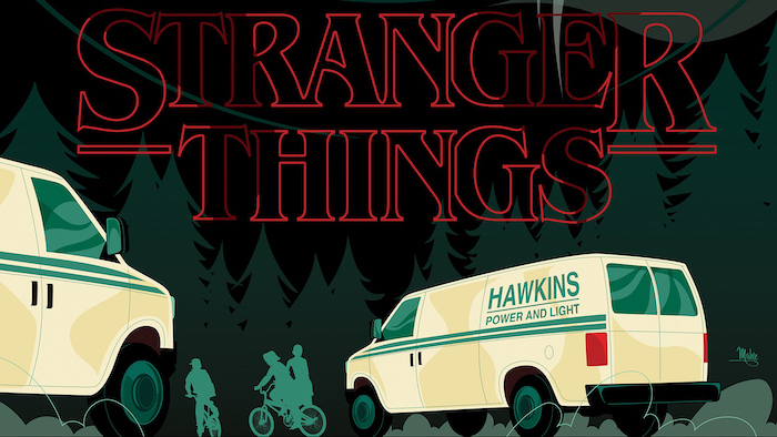 cartoon image of hawkins vans, dustin mike lucas and eleven on their bikes, stranger things season 3 wallpaper
