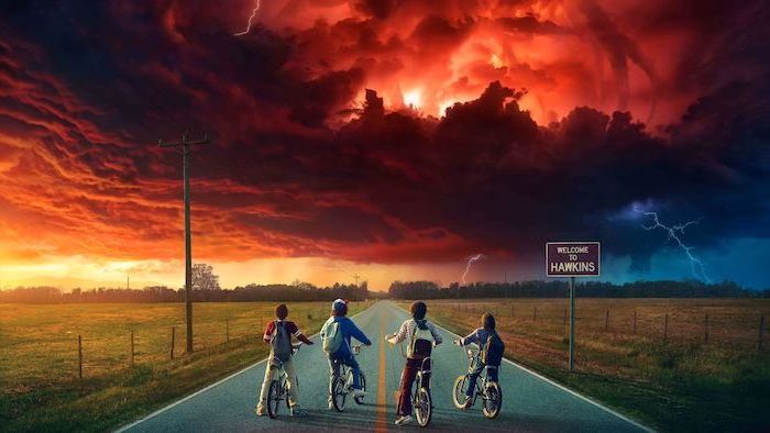 lucas dustin mike and will on their bikes, standing in the middle of the road, mind flayer in the sky, stranger things wallpaper iphone