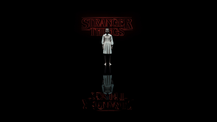 eleven standing in the upside down, mirroring images, stranger things wallpaper iphone, title logo written in neon red on black background