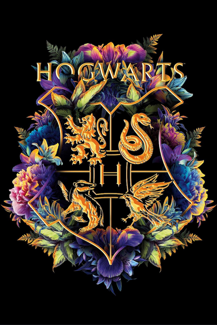 floral symbol of hogwarts, wallpaper harry potter, black background, gryffindor and slytherin, ravenclaw and hufflepuff