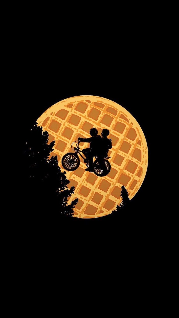 et inspired poster, mike and eleven on his bike, stranger things iphone wallpaper, eggos waffle on black background