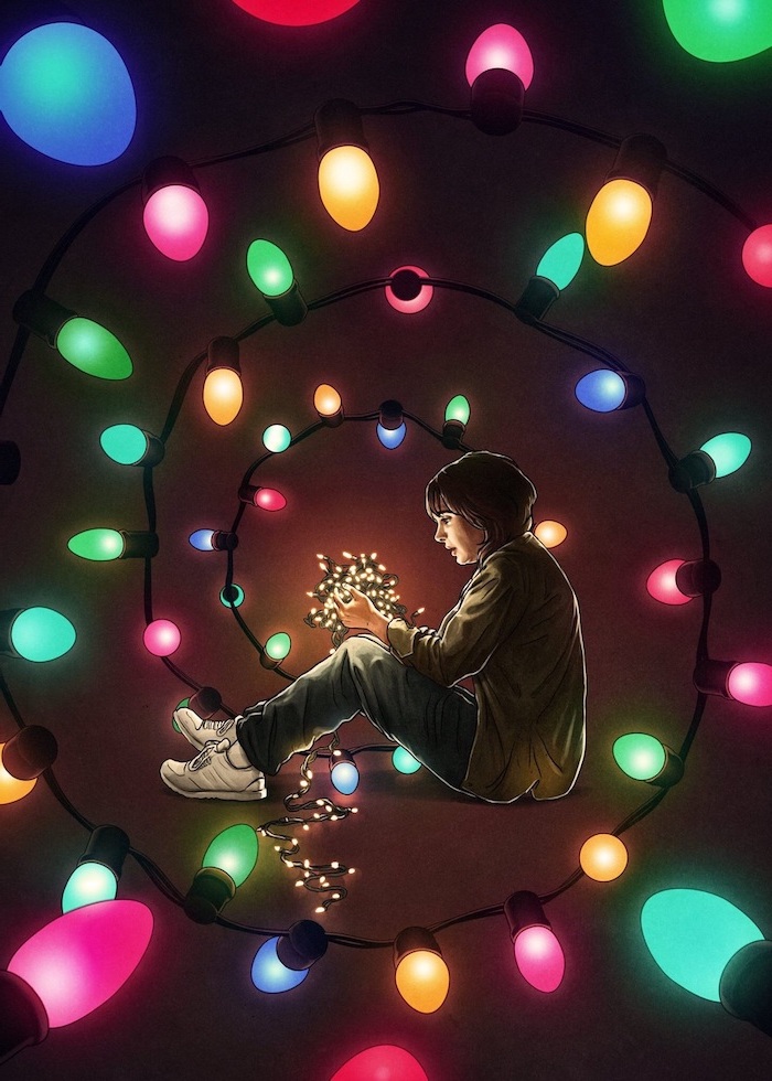 cartoon image of joyce byers, holding tangled fairy lights, stranger things background, colorful lights around her