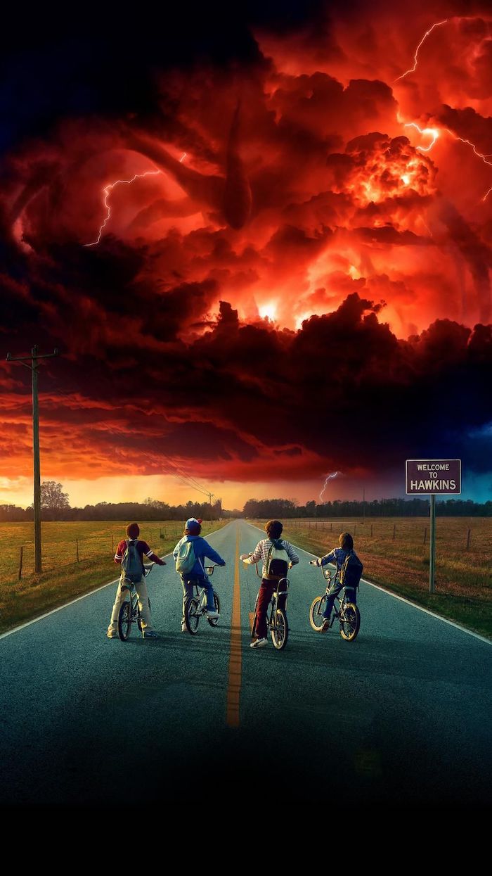 lucas dustin mike and will on their bikes, standing in the middle of the road, stranger things background, the mind flayer in the sky