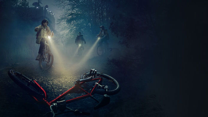 mike dustin and lucas on their bikes, looking at will's bike, stranger things desktop wallpaper, dark aesthetic