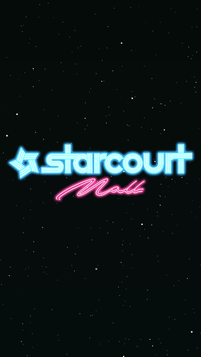 starcourt mall sign, written in blue and pink neon, stranger things iphone wallpaper, black background with white dots