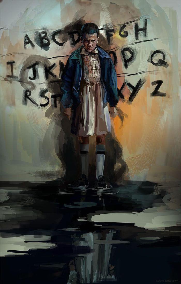 stranger things background, painting of eleven, standing in front of the alphabet wall, made by joyce byers
