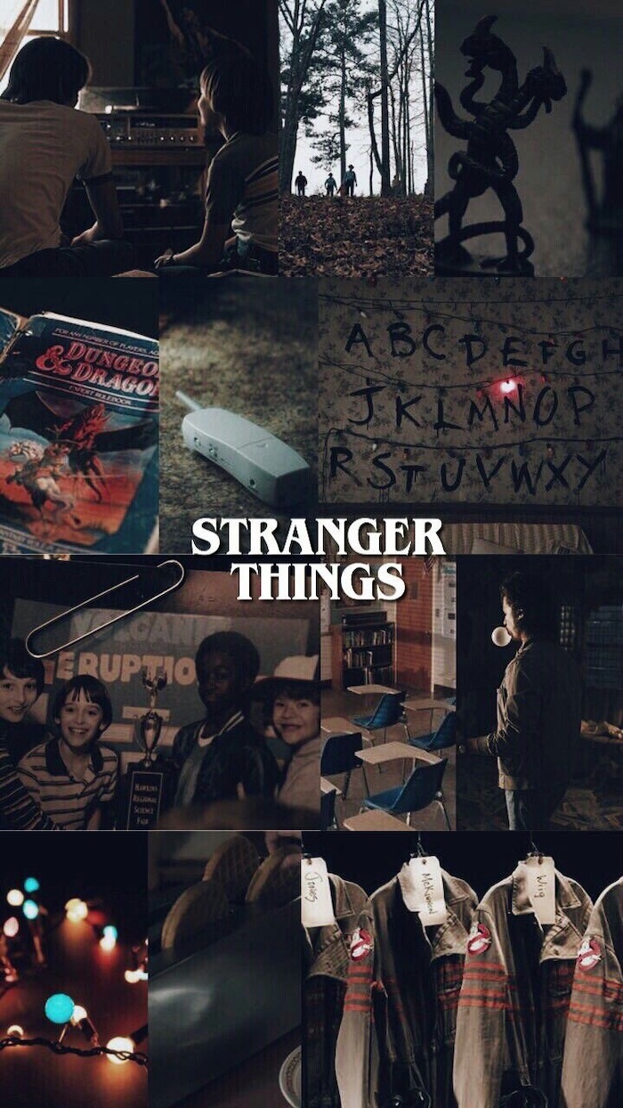photo collage of scenes from the show, stranger things iphone wallpaper, title logo written in white